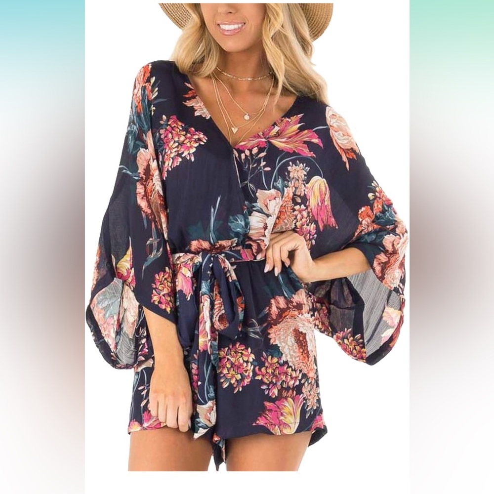 Relipop Womens Floral V Neck Baggy Sleeve Waist Tie Knot Casual Romper